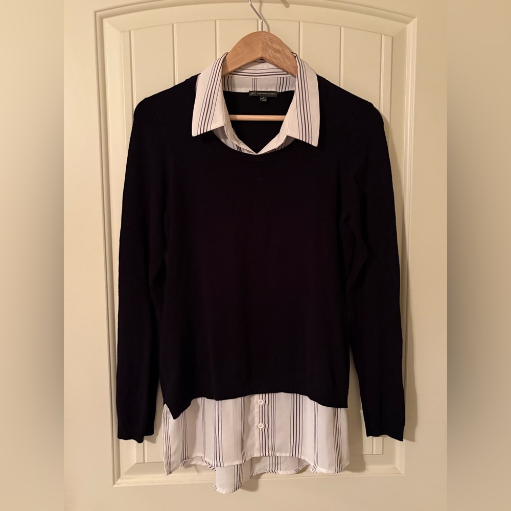 Adrianna Papell Black Sweater with White Striped Collar